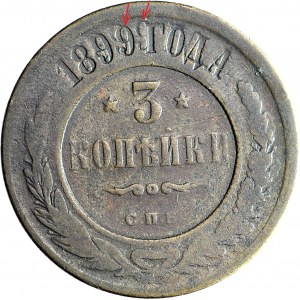 R-, Rusko, Mikuláš II, 3 kopějky 1899, DESTRUKT - dvojitá ražba
