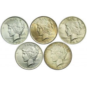 USA, Zestaw pięciu monet 1 dollar typu PEACE lata 1922-1926