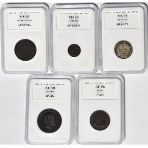 Evropa, sada 5 mincí: Rakousko, Švédsko, Francie, Španělsko, 1861, 1884, 1887, 1878, 1870