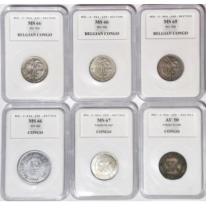 Afryka, Kongo Belgijskie, zestaw 6 szt. monet: 50 centów 1926, 5 makuta 1967, 10 franków 1965