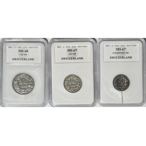 Szwajcaria, zestaw 3 szt. monet 2 franki 1944, 1 franak 1908, 20 rappenów 1881