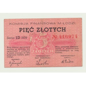 Łódź, Financial Commission, 5 zloty 1939, ser. ID No416974, rarity