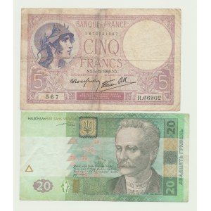 France, 5 Francs 1940 and Ukraine 20 hryvnias 2003