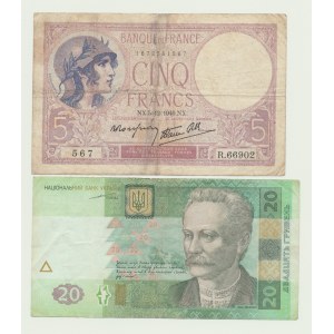 Francie, 5 franků 1940 a Ukrajina 20 hřiven 2003