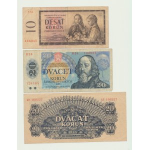 Tschechoslowakei, Satz von 3 Stück, 10 Kronen 1960, 20 Kronen 1988, 20 Kronen 1944