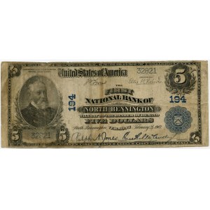 USA, $5 1902, CH 194, First National Bank of Bennington, Vermont