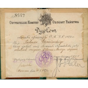 Dyplom do odznaki Obywatelskiego Komitetu Obrony Państwa z roku 1921