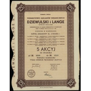 Polsko, 5 akcií po 250 zlotých = 1 250 zlotých, 1937, Varšava