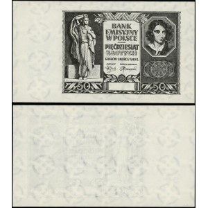 Polsko, černý tisk přední strany bankovky v hodnotě 50 zlotých, 1.03.1940