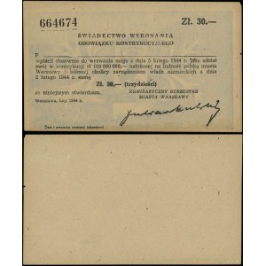Poland, certificate of execution of contribution obligation for the amount of 30 zlotys, 1944, Warsaw