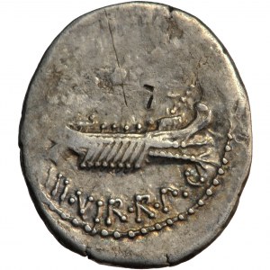 Rímska republika, Markus Antonius (obdobie triumvirátu a boja o moc 43-27 pred Kr.), denár, 32-31 pred Kr., mobilná mincovňa.