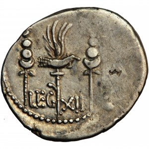 Rímska republika, Markus Antonius (obdobie triumvirátu a boja o moc 43-27 pred Kr.), denár, 32-31 pred Kr., mobilná mincovňa.