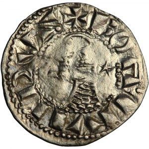 Outremer (Latinský východ, křižáci), knížectví Antiochie, Bohemund III nebo IV, denár s helmou, asi 1188- asi 1216, Antiochie