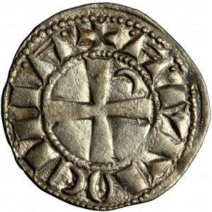 Outremer (Latinský východ, križiaci), Antiochijské kniežatstvo, Bohemund III alebo IV, denár helma, cca 1188- cca 1216, Antiochia