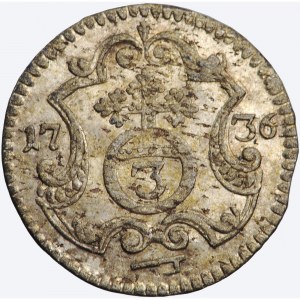 Německo, Sasko, Fridrich August II (polský král August III), Dreier (3 fenigy) 1736, Drážďany