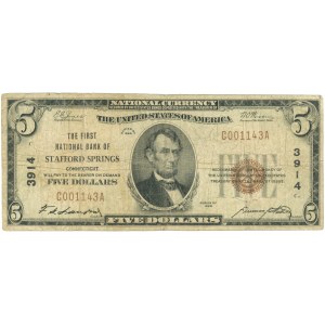 Spojené štáty americké (USA), Národná mena - Národné bankovky, The First National Bank of Stafford Springs Connecticut, $5 1929, séria C001143A, číslo pobočky 3914