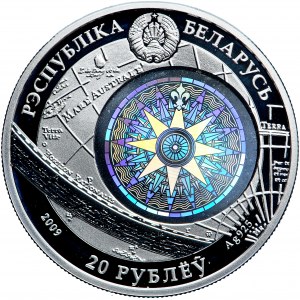 Belarus, Sammlermünze mit dem Segelschiff Dar Pomorza, 20 Rubel 2009
