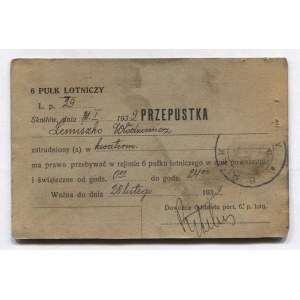 [6 Airborne PU³K, 1939]. Pass issued to quartermaster Wlodzimierz Lemiszko by the commander of the Port Branch of the 6th Pu...