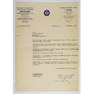 [MAKABI, Židovská gymnastická a športová spoločnosť, 1939]. Strojopisný list na korešpondenčnom papieri spolku....