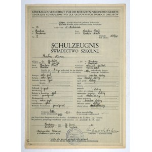 SCHULZEUGNIS. School Certificate. Bilingual occupation certificate issued to Maria Bialas of Cracow by the public school of...