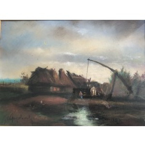 Piotr Gogolewski, Nächtliche Landschaft mit einem Häuschen und einem Brunnen mit einem Kran