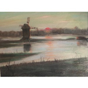 Piotr Gogolewski, Landschaft mit einer Windmühle in der untergehenden Sonne
