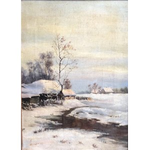 Author unknown, Winter landscape with cottages by the river