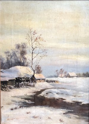Autor nieznany, Pejzaż zimowy z chatami nad rzeką
