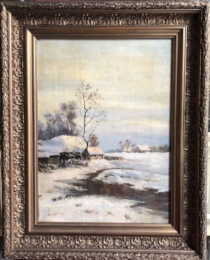 Autor nieznany, Pejzaż zimowy z chatami nad rzeką