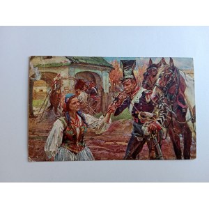 POSTCARD KOSSAK TRUMPETER AND SMITH HORSES PAINTING PRE-WAR