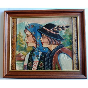 ARTIST UNKNOWN, PAINTING HIGHLANDER, SOUVENIR FROM ZAKOPANE WITH IMAGE OF COUPLE