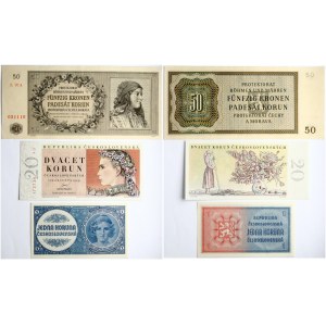 Czechoslovakia 1, 20 Korun 1946-1949 & Bohemia and Moravia 50 Korun 1944 Lot of 3 Banknotes