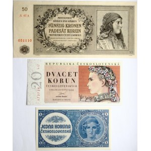 Czechoslovakia 1, 20 Korun 1946-1949 & Bohemia and Moravia 50 Korun 1944 Lot of 3 Banknotes