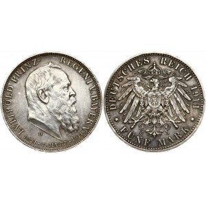 Bavaria 5 Mark 1911 D Luitpold 90th Birthday