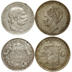 Hungary 5 Korona 1908 KB & Netherlands 2½ Gulden 1933 Lot of 2 Coins