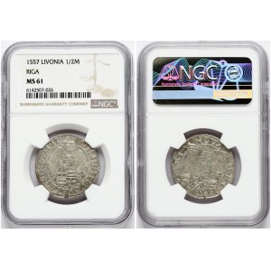 Livonia 1/2 Mark 1557 Riga NGC MS 61 ONLY 2 COINS IN HIGHER GRADE