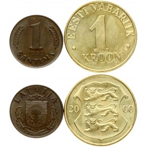 Latvia 1 Santims 1939 & Estonia 1 Kroon 2000 Lot of 2 Coins