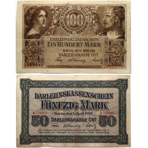 Kowno 50 & 100 Mark 1918 Darlehnskasse Ost Lot of 2 Banknotes