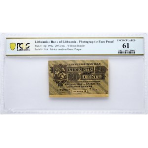 Lithuania 20 Centu ND (1922) PCGS Photo Face Proof 61 UNC