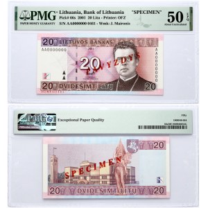 Lithuania. 20 Litu 2001 Maironis PAVYZDYS/SPECIMEN PMG 50 About Uncirculated EPQ