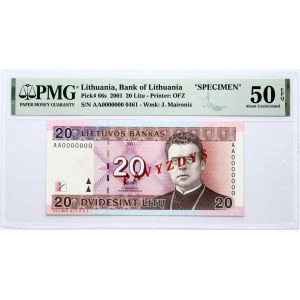 Lithuania. 20 Litu 2001 Maironis PAVYZDYS/SPECIMEN PMG 50 About Uncirculated EPQ