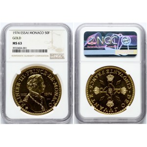 Monaco 50 Francs 1974 Essai 25 Years of Reign NGC MS 63