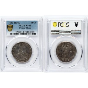 Poland Ort 1653 HIL Thorn (R2) PCGS XF 40 ONLY 4 COINS IN HIGHER GRADE