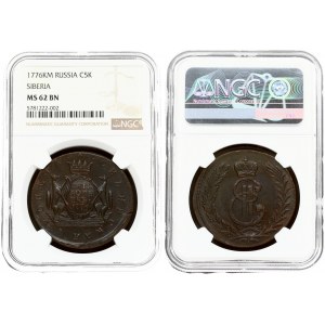 Russia 5 Kopecks 1776 КМ Siberia NGC MS 62 BN ONLY 5 COINS IN HIGHER GRADE