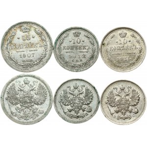 Russia 10 - 15 Kopecks 1907-1915 Lot of 3 Coins