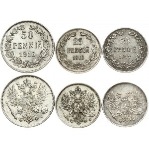Finland 25 & 50 Pennia (1916-1917) Lot of 3 Coins