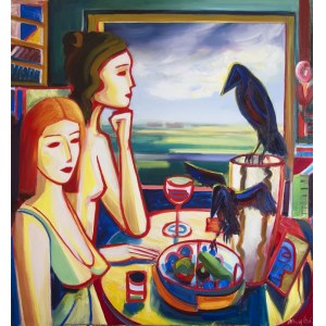 Maciej Cieśla, Two girls by the window, still life and two ravens, 2018