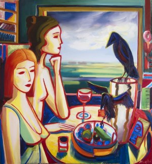 Maciej Cieśla, Two girls by the window, still life and two ravens, 2018