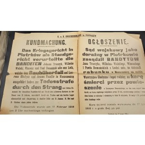 Ogłoszenie dotyczące wyroku sądu i kary śmierci Piotrków 1916