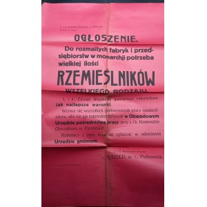 Ogłoszenie w sprawie zatrudnienia rzemieślników do fabryk Piotrków 1917